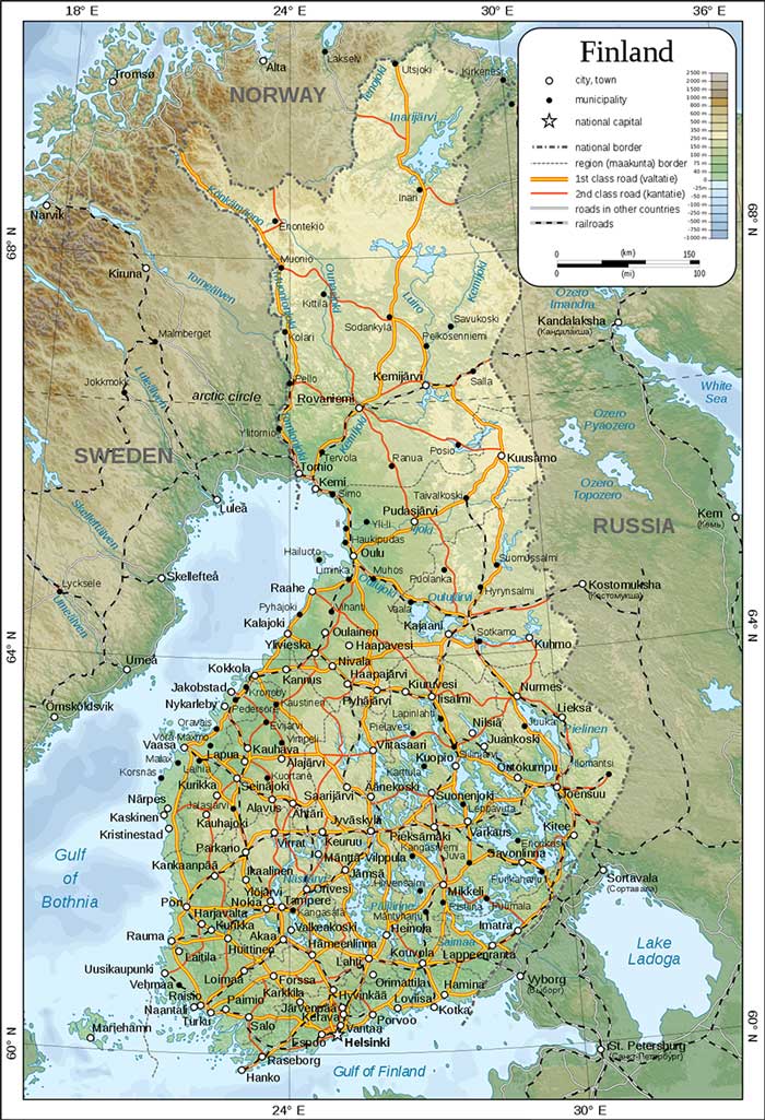 Mappa delle montagne più importanti della Finlandia