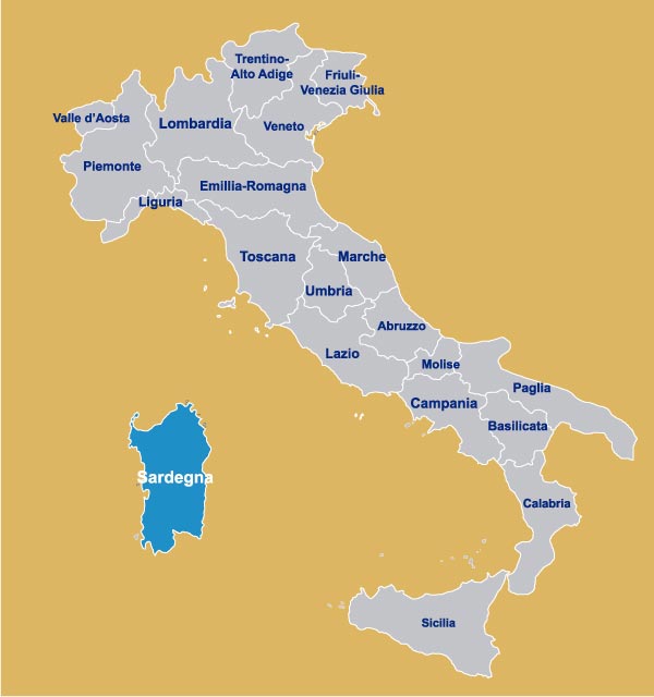 Sardegna sulla mappa Italia per regione