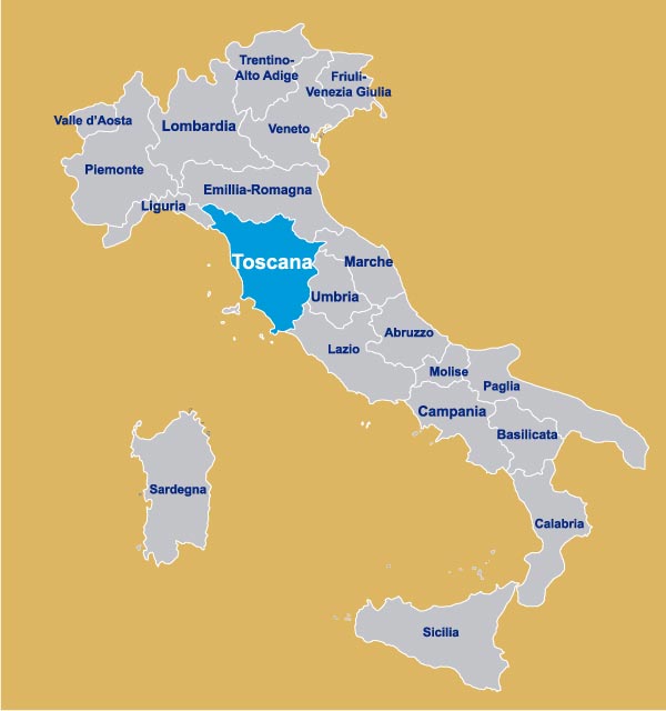 Toscana nella mappa dell'Italia per regione